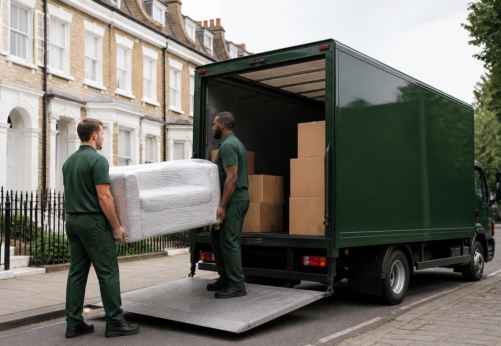 We Move Junk team loading furniture and boxes into a van on a London street