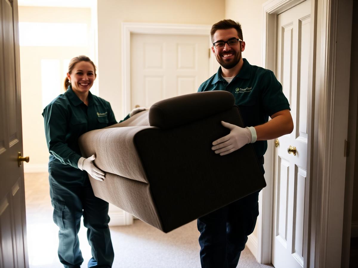We Move Junk team carrying a sofa out of a London home during a house clearance